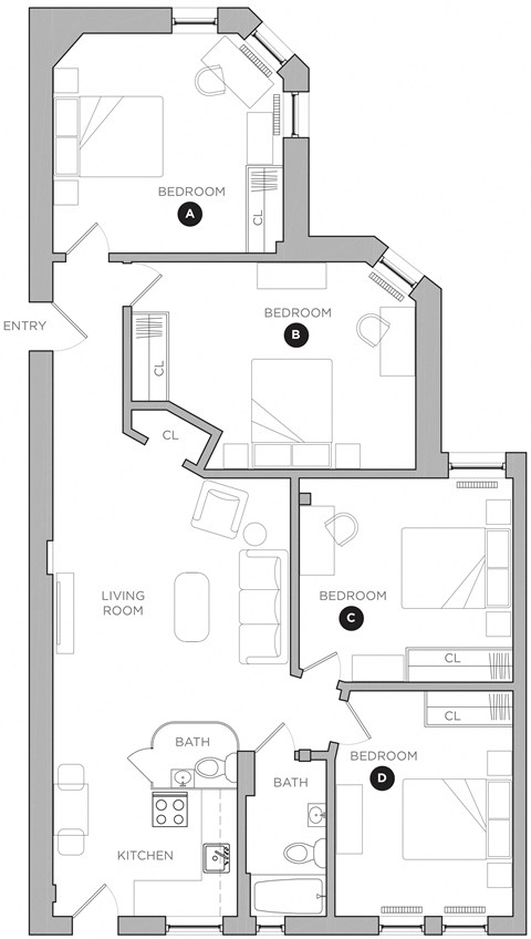 Floor plan for 4 beds, 1 bath, 385 sqft